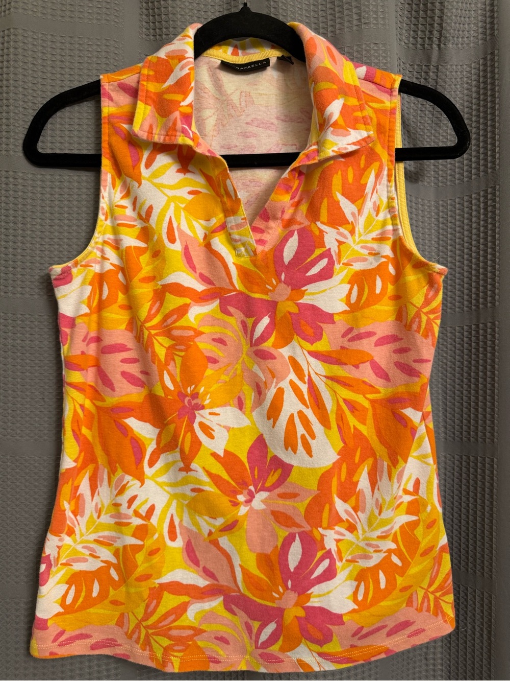 Rafaella Tropical Floral Sleeveless Polo Top Orange Yellow Pink Golf Summer M
